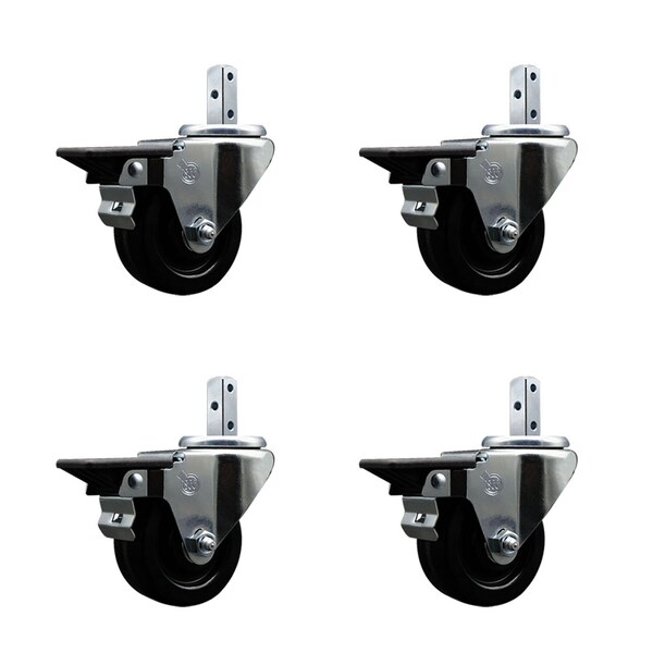 3'' Phenolic Wheel Swivel 7/8'' Square Stem Caster Set with Brake, 4PK